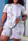 Rose Red Casual Floral Stripe Print O Neck Short Sleeve T-shirt And Shorts Two Pieces Shorts Sets