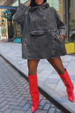 Gray Black Hooded Long Sleeve Pocket Loose Casual Denim Jacket