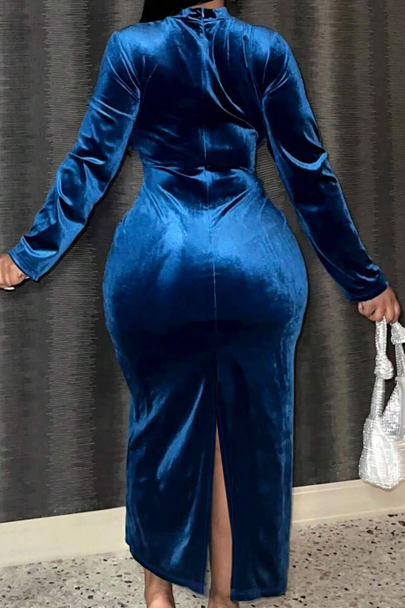 Half Sleeves Long Gown with Slit Blue Plus Size