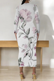 White Purple Floral Print O Neck Long Sleeve Long Casual Outing Bodycon Maxi Dress