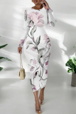 White Purple Floral Print O Neck Long Sleeve Long Casual Outing Bodycon Maxi Dress