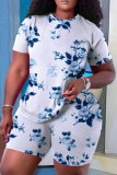 Rose Red Casual Floral Stripe Print O Neck Short Sleeve T-shirt And Shorts Two Pieces Shorts Sets