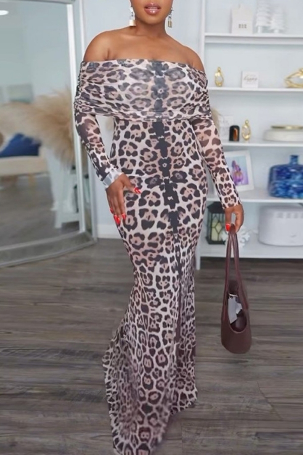 Khaki Leopard Print Backless Off Shoulder Long Sleeve Long Formal Evening Party Prom Bodycon Maxi Dresses