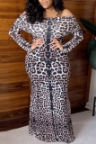 Khaki Leopard Print Backless Off Shoulder Long Sleeve Long Formal Evening Party Prom Bodycon Maxi Dresses