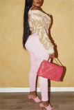Pink Textured V Neck with Buttons Long Sleeve Crop Knitted Sweater Tops