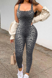 Grey Casual Leopard Snakeskin Print Sleeveless Backless U Neck Skinny Jumpsuits One Piece Bodysuit