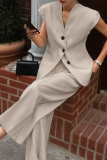 Khaki V Neck Short Sleeve Buttons Blazer Vest And Pocket Wide Leg Pants Formal Office Lady Casual Two Pieces Suit Sets