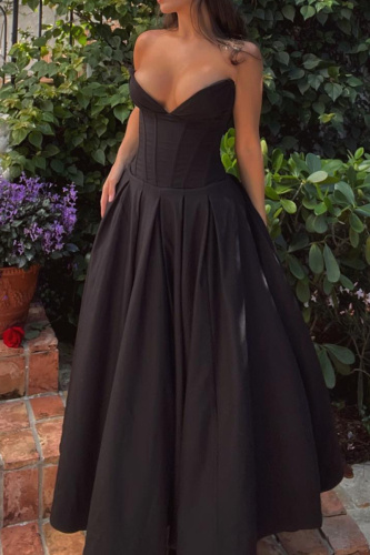 Red Formal Evening Party Prom Backless Strapless Long Tube Maxi Pleated Dresses