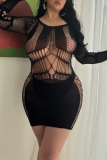 Black Lace Hollow Out See-Through Long Sleeve Lingerie One Piece Bodysuit