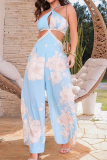 Blue Vacation Floral Print Backless Cut Out Lace Up Halter Loose Wide Leg Jumpsuits