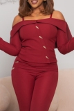 Red Backless Off Shoulder Long Sleeve Tops And Skinny Pants Formal Office Lady Two Pieces Trouser Sets