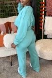 Sky Blue Zipper Long Sleeve Hooded Sweatshirt And Pants Casual Outing Two Pieces Jogger Sets