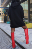 Apricot Fleece-lined Hooded Long Sleeve Casual Sweatshirt Mini Dresses