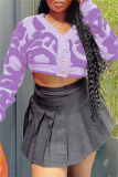Pink Textured V Neck with Buttons Long Sleeve Crop Knitted Sweater Tops