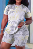 Rose Red Casual Floral Stripe Print O Neck Short Sleeve T-shirt And Shorts Two Pieces Shorts Sets