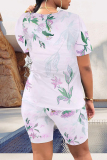 Rose Red Casual Floral Stripe Print O Neck Short Sleeve T-shirt And Shorts Two Pieces Shorts Sets