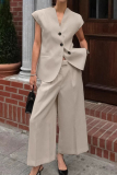 Khaki V Neck Short Sleeve Buttons Blazer Vest And Pocket Wide Leg Pants Formal Office Lady Casual Two Pieces Suit Sets