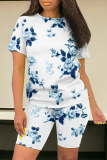 Rose Red Casual Floral Stripe Print O Neck Short Sleeve T-shirt And Shorts Two Pieces Shorts Sets