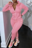 Pink Zipper Long Sleeve Hooded Sweatshirt And Skinny Pants Sportwear Casual Two Pieces Jogger Sets