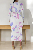 White Purple Floral Print O Neck Long Sleeve Long Casual Outing Bodycon Maxi Dress