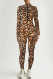 Leopard Print Zipper Long Sleeve Turtleneck Casual Skinny Jumpsuits One Piece Bodysuit