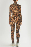 Leopard Print Zipper Long Sleeve Turtleneck Casual Skinny Jumpsuits One Piece Bodysuit