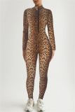 Leopard Print Zipper Long Sleeve Turtleneck Casual Skinny Jumpsuits One Piece Bodysuit