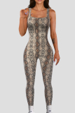 Grey Casual Leopard Snakeskin Print Sleeveless Backless U Neck Skinny Jumpsuits One Piece Bodysuit