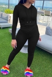 Black Long Sleeve Hooded Sweatshirt and Skinny Pants Sportwear Casual Two Pieces Jogger Sets