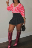 Pink Textured V Neck with Buttons Long Sleeve Crop Knitted Sweater Tops