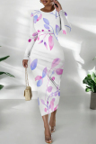 White Purple Floral Print O Neck Long Sleeve Long Casual Outing Bodycon Maxi Dress
