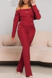 Red Backless Off Shoulder Long Sleeve Tops And Skinny Pants Formal Office Lady Two Pieces Trouser Sets