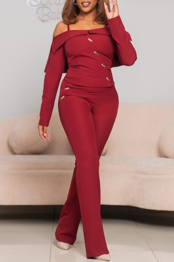 Red Backless Off Shoulder Long Sleeve Tops And Skinny Pants Formal Office Lady Two Pieces Trouser Sets