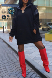 Apricot Fleece-lined Hooded Long Sleeve Casual Sweatshirt Mini Dresses