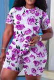 Rose Red Casual Floral Stripe Print O Neck Short Sleeve T-shirt And Shorts Two Pieces Shorts Sets