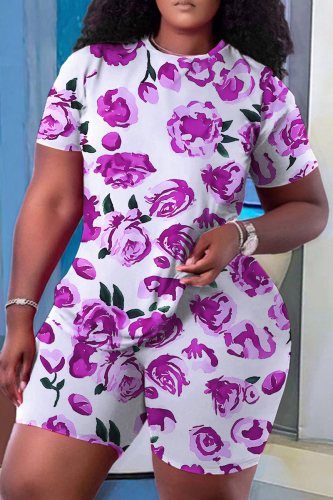 Rose Red Casual Floral Stripe Print O Neck Short Sleeve T-shirt And Shorts Two Pieces Shorts Sets