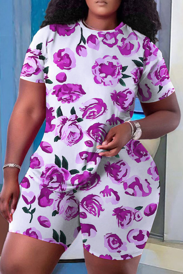 Rose Red Casual Floral Stripe Print O Neck Short Sleeve T-shirt And Shorts Two Pieces Shorts Sets