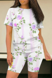 Rose Red Casual Floral Stripe Print O Neck Short Sleeve T-shirt And Shorts Two Pieces Shorts Sets