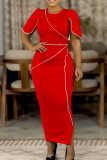 Red O Neck Petal Sleeve Slit Irregular Casual Formal Office Evening Party Prom Bodycon Maxi Dresses