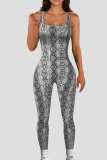 Grey Casual Leopard Snakeskin Print Sleeveless Backless U Neck Skinny Jumpsuits One Piece Bodysuit