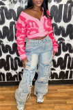 Pink Textured V Neck with Buttons Long Sleeve Crop Knitted Sweater Tops