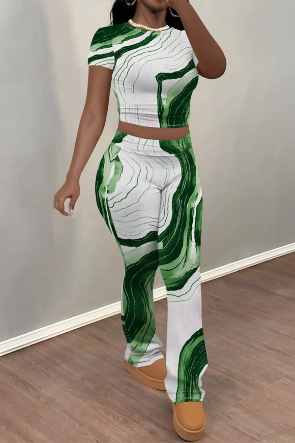 White Green Casual Ombre Print O Neck Short Sleeve Crop T-shirt And Skinny Pants Two Pieces Trouser Sets