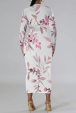 White Purple Floral Print O Neck Long Sleeve Long Casual Outing Bodycon Maxi Dress