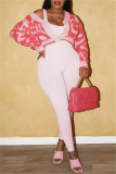 Pink Textured V Neck with Buttons Long Sleeve Crop Knitted Sweater Tops