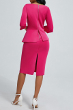 Claret Zipper O Neck 3/4 Sleeve Slit Formal Office Lady Evening Party Prom Wedding Guest Midi Dresses
