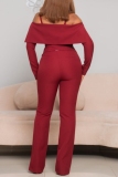 Red Backless Off Shoulder Long Sleeve Tops And Skinny Pants Formal Office Lady Two Pieces Trouser Sets