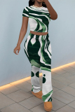 White Green Casual Ombre Print O Neck Short Sleeve Crop T-shirt And Skinny Pants Two Pieces Trouser Sets
