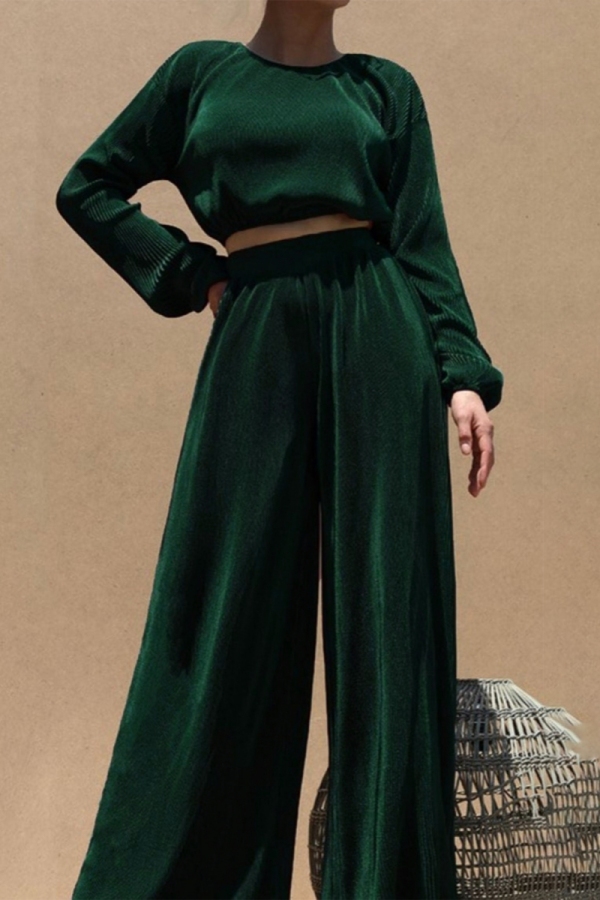 Dark Green O Neck Long Sleeve Velvet Crop Tops And Wide Leg Pants Casual Formal Office Two Pieces Trouser Sets