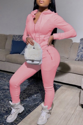 Pink Zipper Long Sleeve Hooded Sweatshirt And Skinny Pants Sportwear Casual Two Pieces Jogger Sets