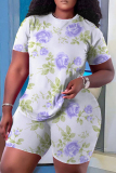 Rose Red Casual Floral Stripe Print O Neck Short Sleeve T-shirt And Shorts Two Pieces Shorts Sets